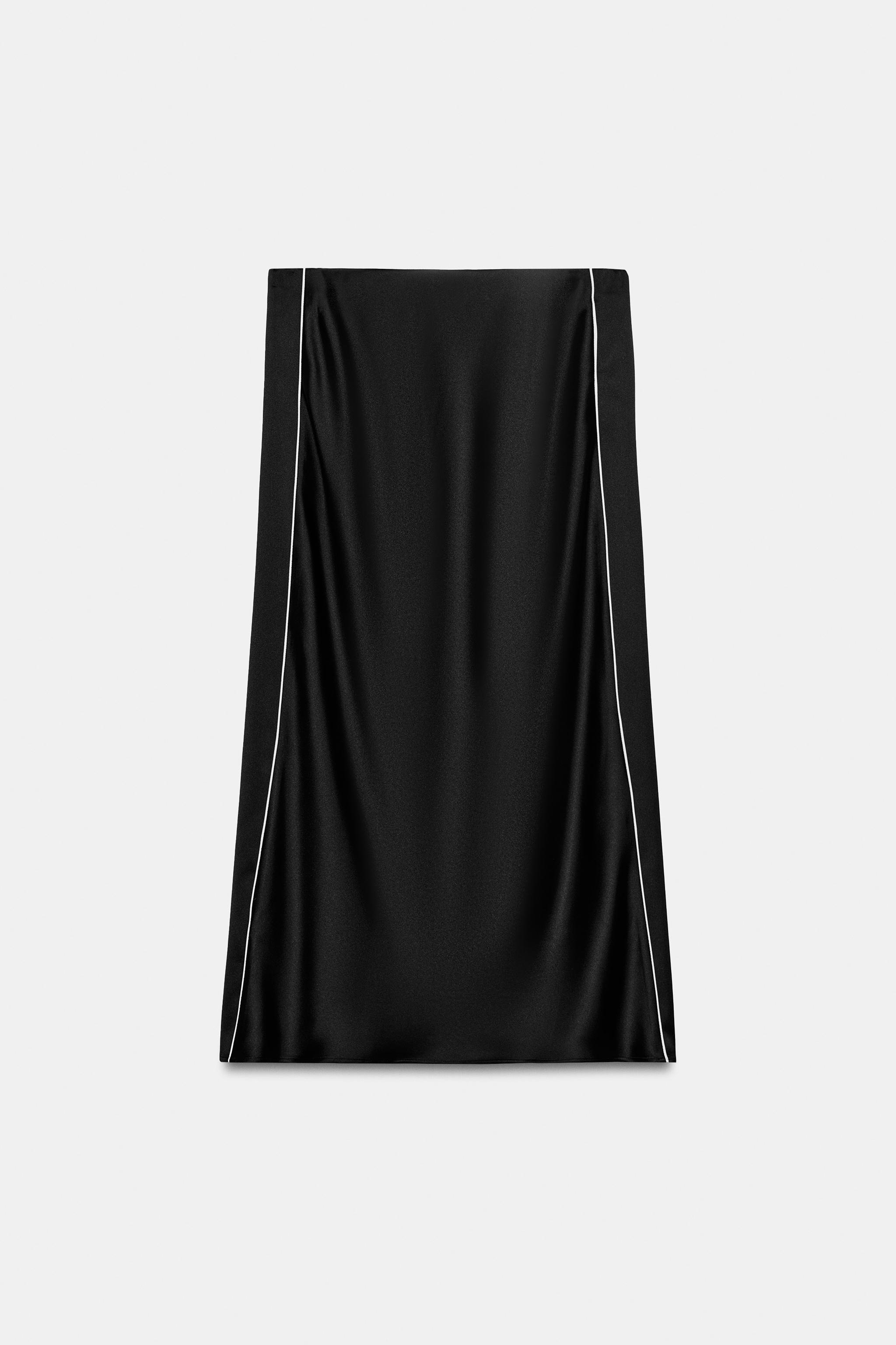 CONTRAST PIPING SATIN MIDI SKIRT